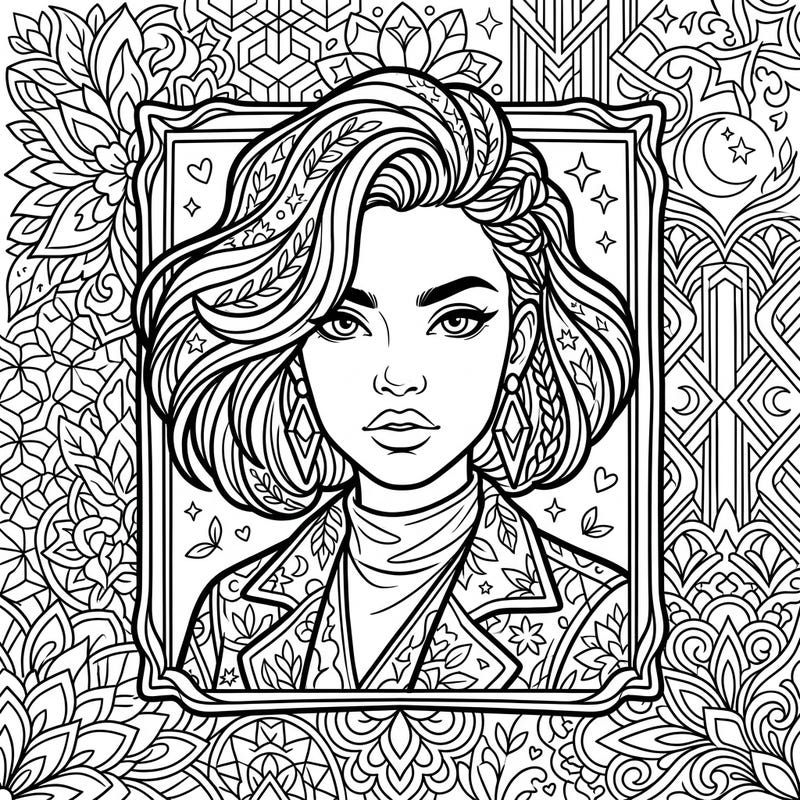 Discover an exquisite human portrait coloring page, featuring a stylish woman surrounded by captivating wall art designs. Immerse yourself in the intricate details and bring this expressive character to life with your favorite colors.