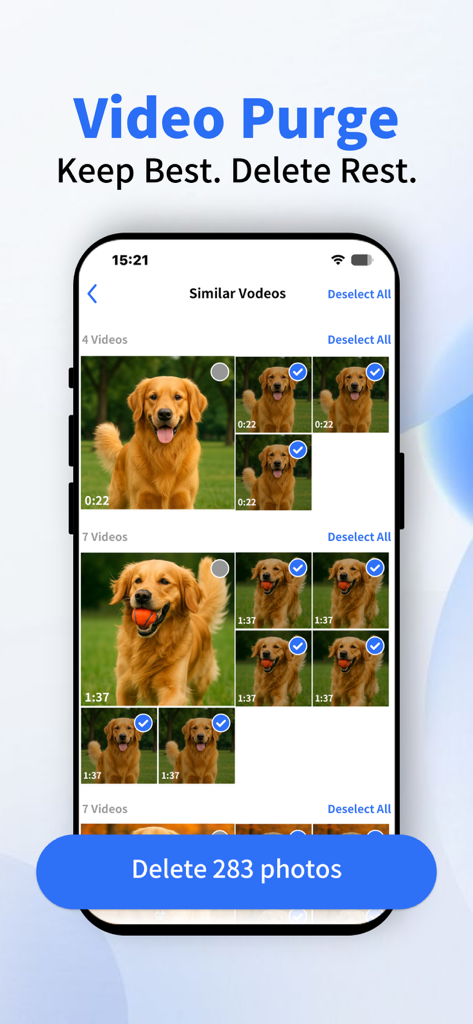 Ai Clean Master: Free Up Space - Interface of Ai Clean Master showing the Video Purge feature for deleting similar videos and freeing up storage