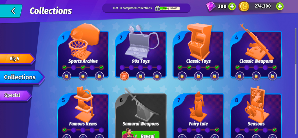 Bid Wars: Auction Master 3D - The collections menu in Bid Wars Auction Master 3D showing various themed item sets including toys and weapons