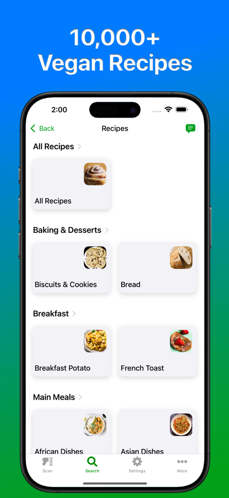 Fussy Vegan Pro App-Bildschirm, der verschiedene vegane Rezeptkategorien wie Frühstück und Hauptgerichte anzeigt