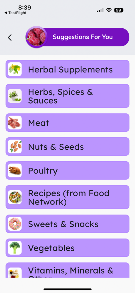 Interfaz de la aplicación Crohns Disease Plus que muestra sugerencias de categorías de alimentos personalizadas como carne, verduras y suplementos herbales.