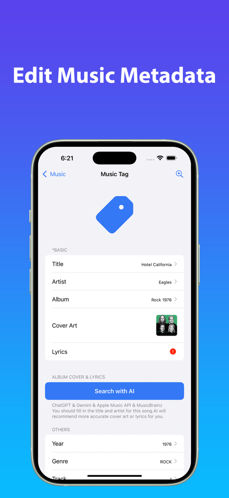 MP3 Tag：Music Tag Editor - Tela do iPhone exibindo a interface de edição de metadados de música do aplicativo MP3 Tag