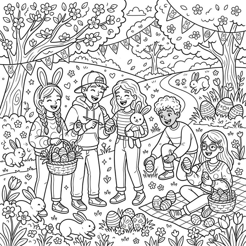Dive into the festive spirit with this delightful coloring page featuring teenage friends enjoying an Easter celebration. Perfect for older kids and teens, this intricate design captures the joy of spring and friendship.