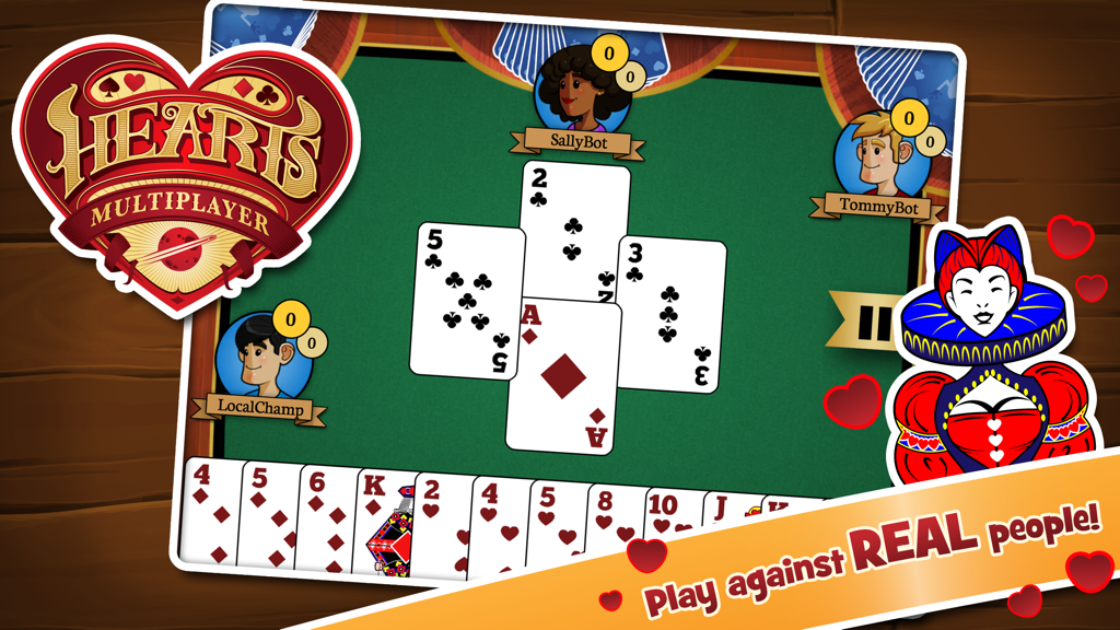 Hearts Multiplayer HD game interface showing a card match on a green table with player avatars.