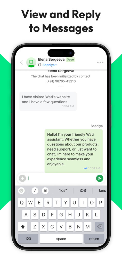WATI mobile app interface for viewing and replying to WhatsApp business messages