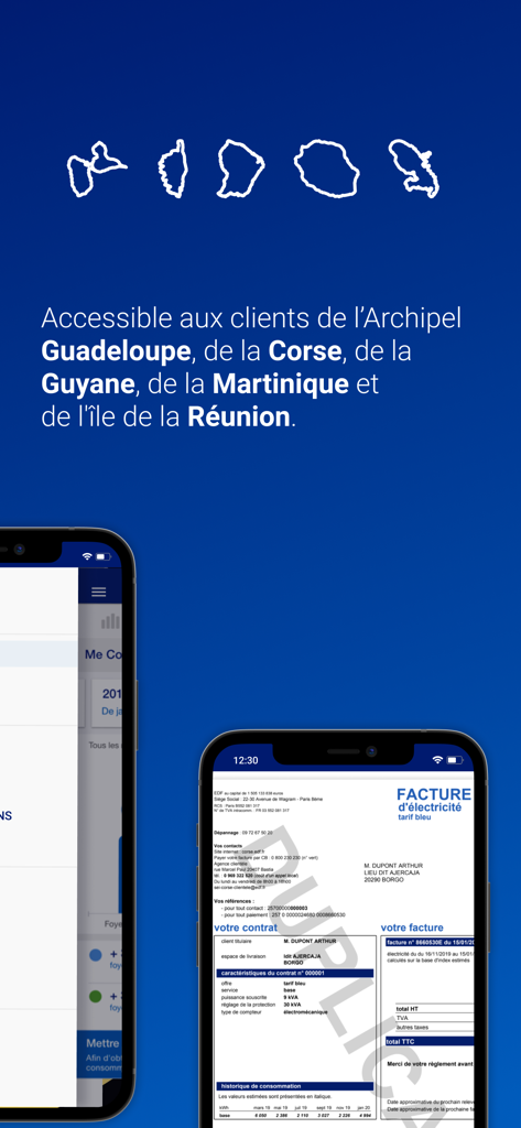 EDF Dom & Corse - Screenshot of the EDF Dom and Corse mobile app showing an electricity bill and icons of the supported French territories