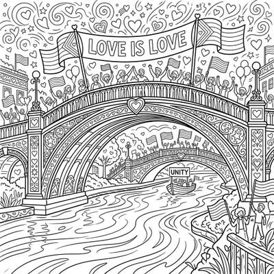 Immerse yourself in a vibrant celebration of love and community with this intricate coloring page featuring elegant river bridges. Join cheerful crowds waving Pride flags and 'Love is Love' banners, ready to be brought to life with your colors.