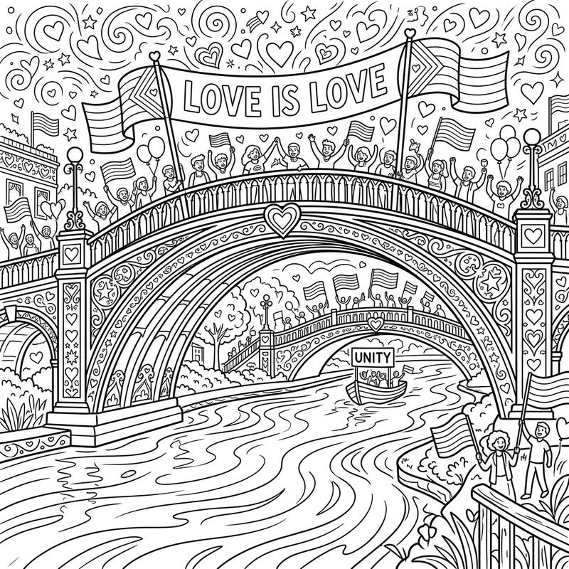 Immerse yourself in a vibrant celebration of love and community with this intricate coloring page featuring elegant river bridges. Join cheerful crowds waving Pride flags and 'Love is Love' banners, ready to be brought to life with your colors.