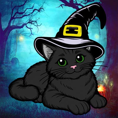 realistic cat with a witch hat on
