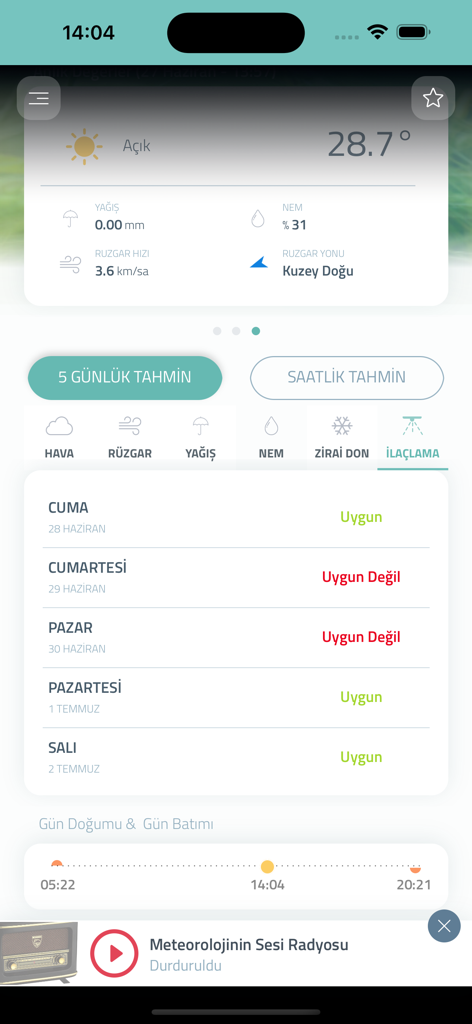 Tarımsal Hava Tahmini - A 5-day agricultural weather forecast app interface showing suitability for crop spraying based on weather conditions.