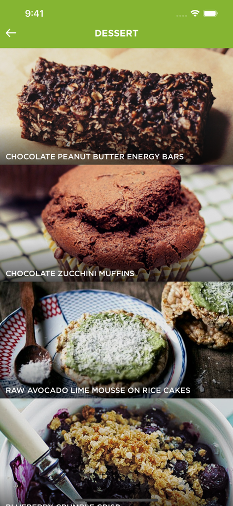 Garden Plate Pro - Liste de recettes de desserts végétariens sains sur l'écran de l'application Garden Plate Pro