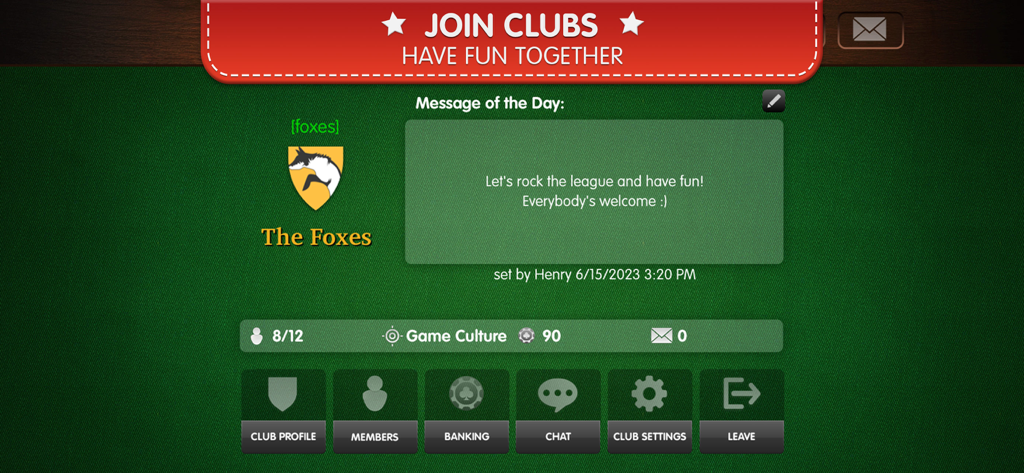 Gin-Rummy Palace - The social clubs interface in Gin-Rummy Palace showing a club profile called The Foxes