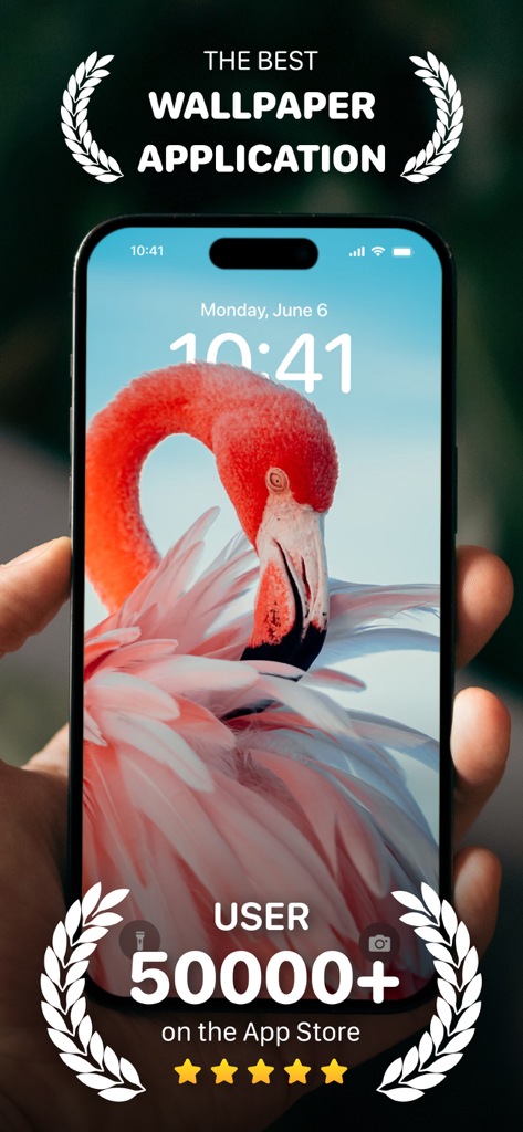 Screenshot der 4k Live Wallpapers App, der einen pinken Flamingo-Sperrbildschirm mit über 50.000 Nutzern und fünf Sternen zeigt