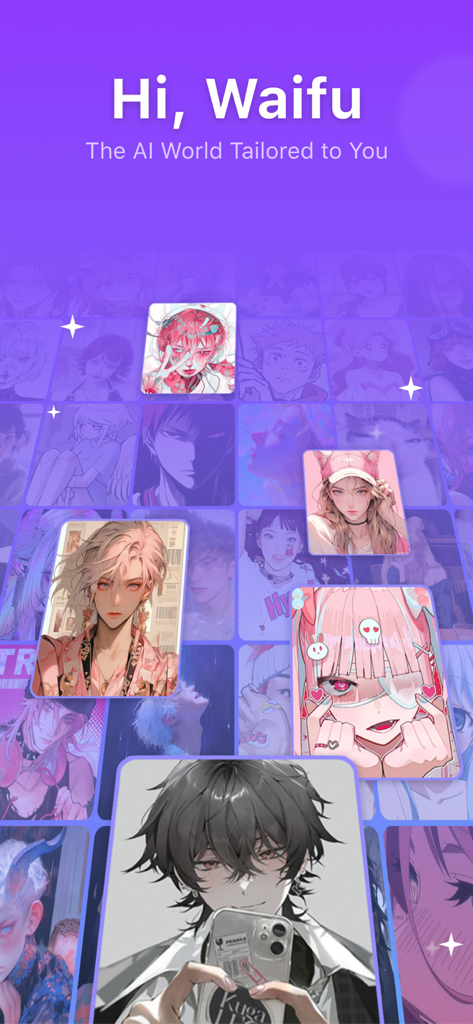 HiWaifu: AI Friend & Waifu Hub - Pantalla de la app HiWaifu mostrando varios personajes compañeros IA de anime