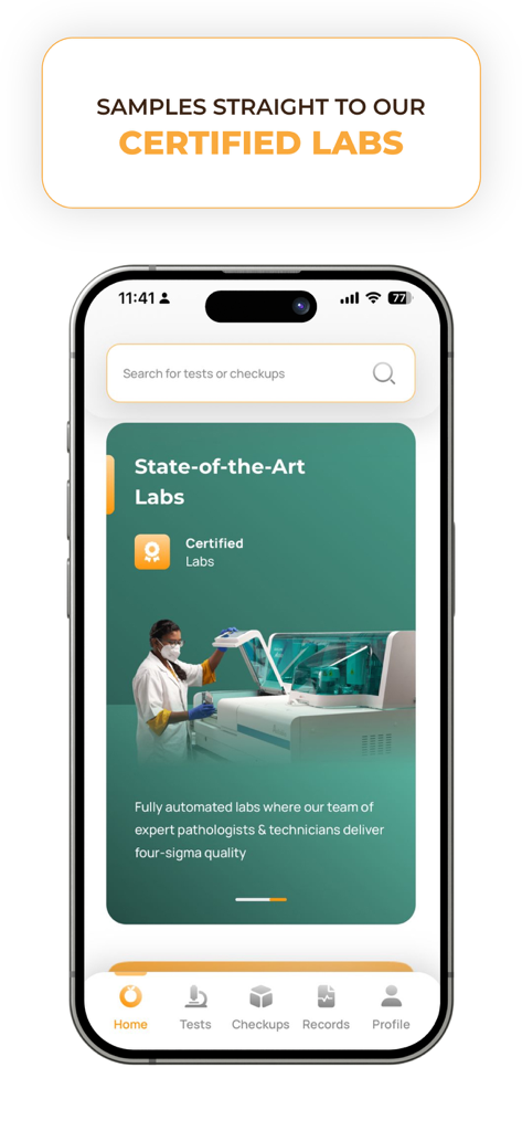 Orange Health Labs: Blood Test - Orange Health Labs app screen showing information about their state-of-the-art certified labs and automated testing equipment