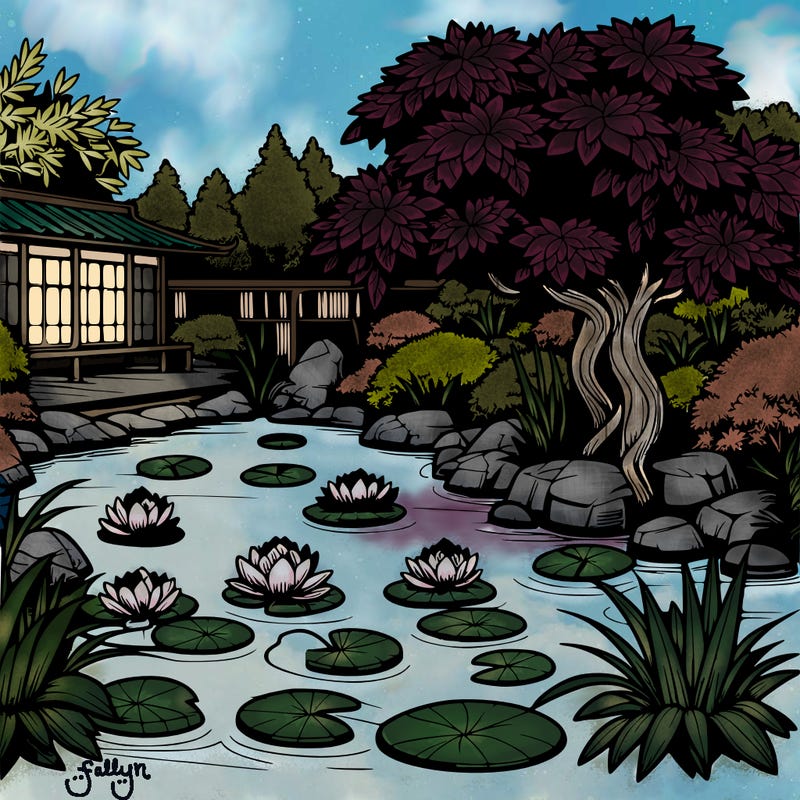 realistic lotus pond in a zen garden