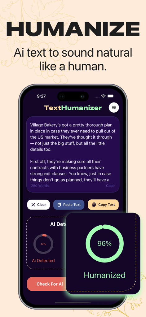 Bypassgpt TextHumanizer - Bypassgpt TextHumanizer app interface displaying a humanized text score of 96 percent.