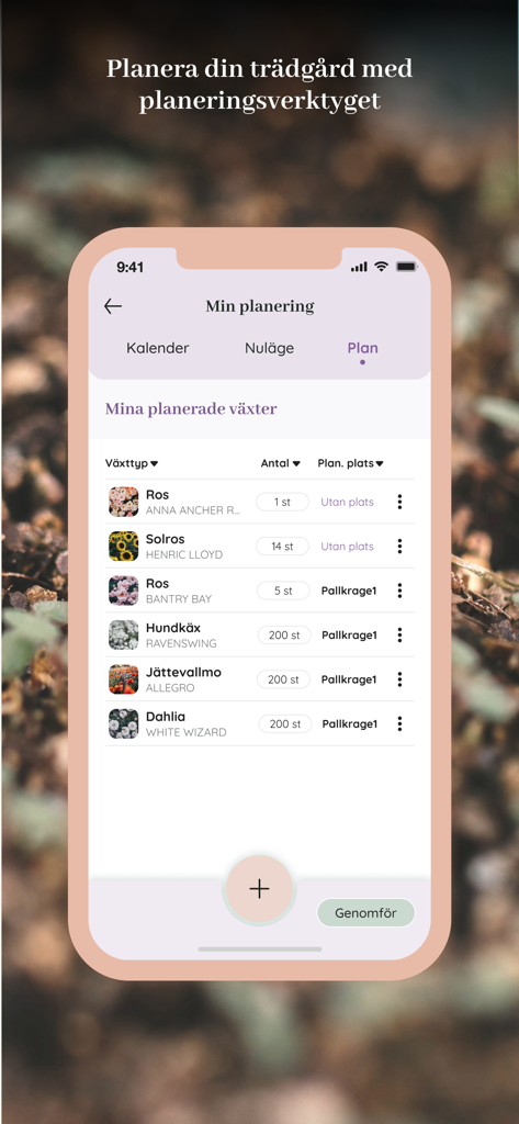 Mobile Bildschirm der Oh!Garden App, die ein Gartentool mit einer Liste von Pflanzen, einschließlich Rosen, Sonnenblumen und Dahlien, anzeigt