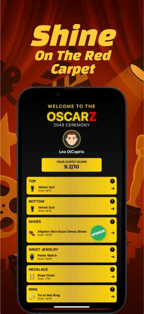 ActorLife-Actor Life Simulator - ActorLife mobile game screenshot showing a red carpet outfit score for an award ceremony