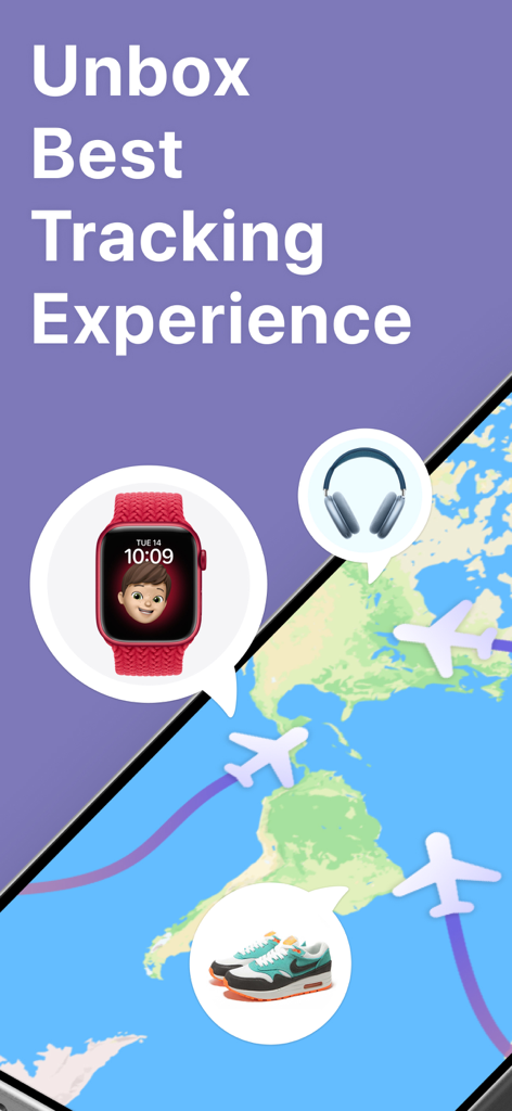 Package Tracker: Track Parcels - Un gráfico promocional que muestra un mapa mundial con aviones e íconos de productos que representan el rastreo global de paquetes