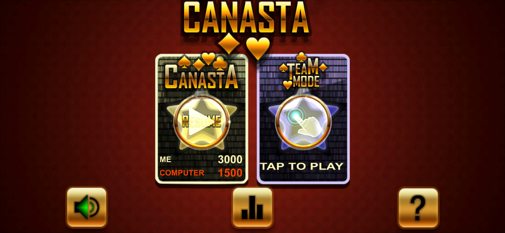 Canasta classic Royale Offline - Main menu of the Canasta classic Royale Offline mobile card game showing single player and team mode options