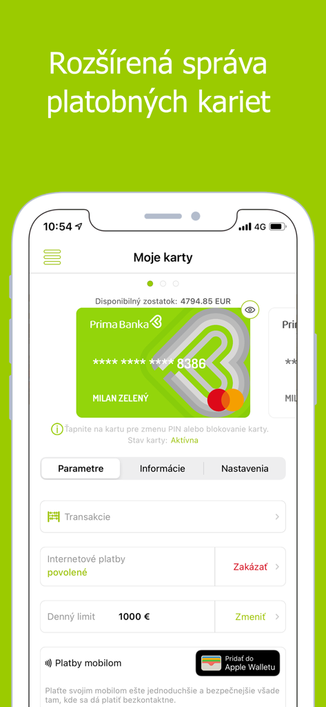 Interface of the Penazenka mobile app showing payment card settings and limits