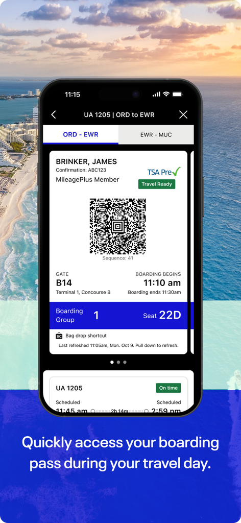 ユナイテッド航空アプリに、ゲートと座席情報が表示されたデジタル搭乗券が表示されています。