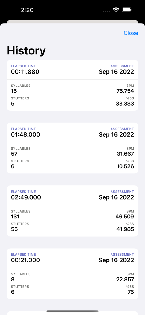 Speech therapy assessment history showing syllables per minute and stuttering percentages