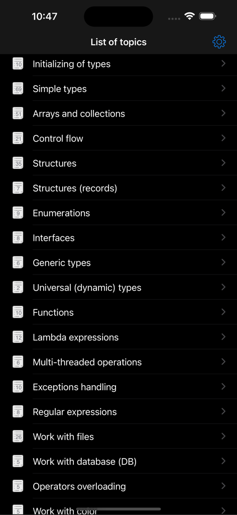 Rust Recipes - A list of programming topics in the Rust Recipes app including arrays, control flow, functions, and database management.