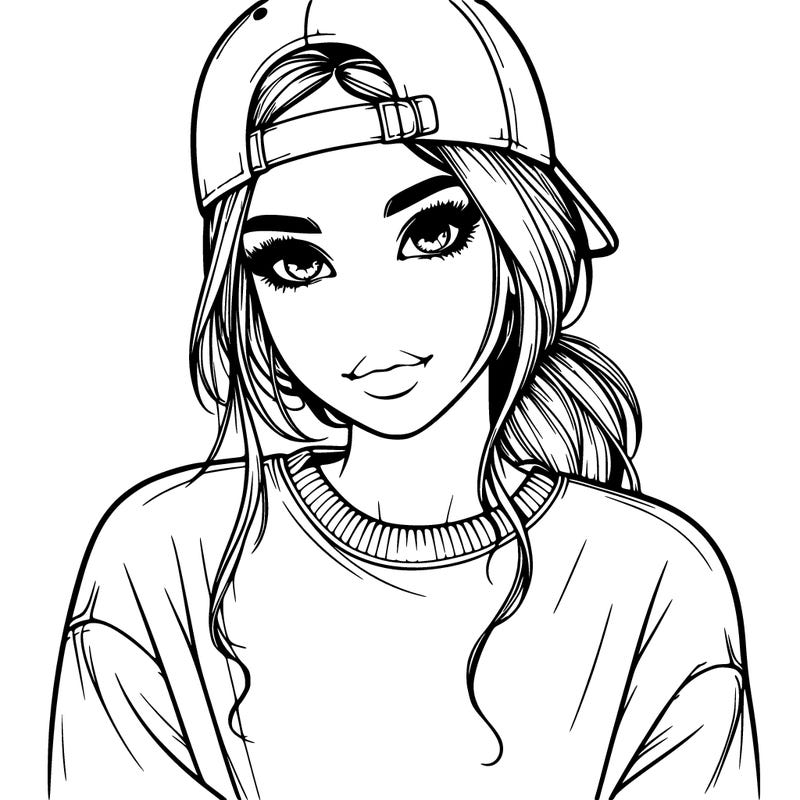 beautiful realistic girl with backwards baseball cap and a sweat shirt