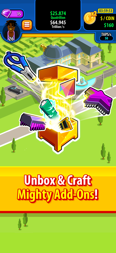 Crypto Trillionaire - A golden chest opening to reveal various technological power up items in front of a luxury mansion