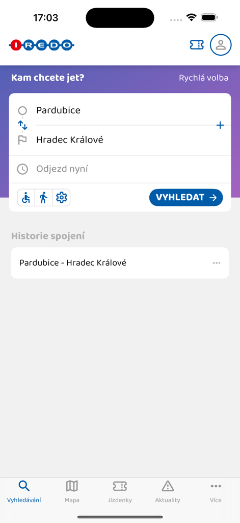 IREDO - IREDO mobile app trip planner screen showing a public transport search from Pardubice to Hradec Kralove