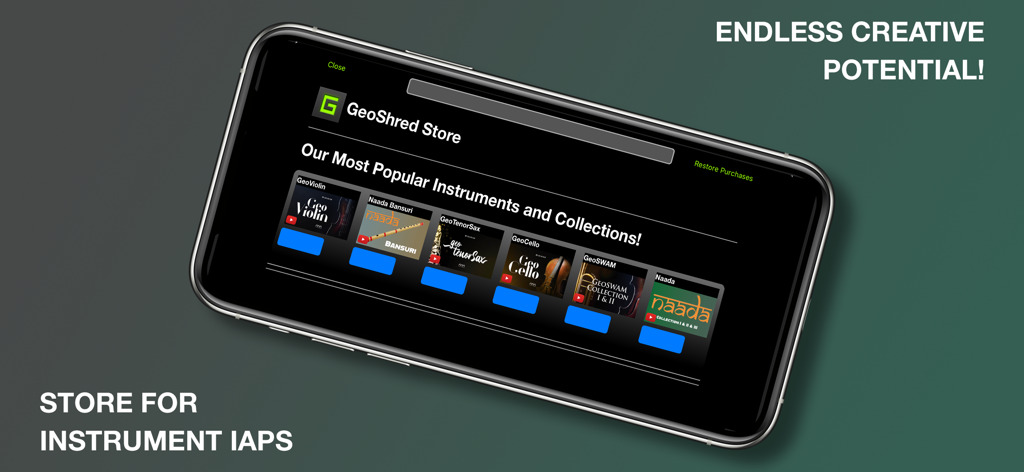 Smartphone screen showing the GeoShred in-app store with professional instrument packs like GeoViolin and Naada collections.
