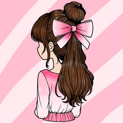 realistic girl  with hip length hair a bun and a big bow on the back of head
