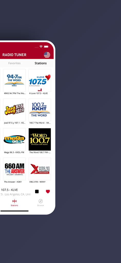 Interface do aplicativo Radio Tuner exibindo uma grade de logotipos de estações de rádio locais.
