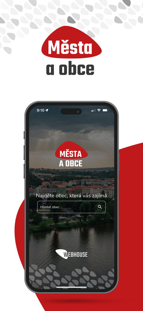 Města a obce - Města a obce mobile app home screen with a search bar to find local municipalities