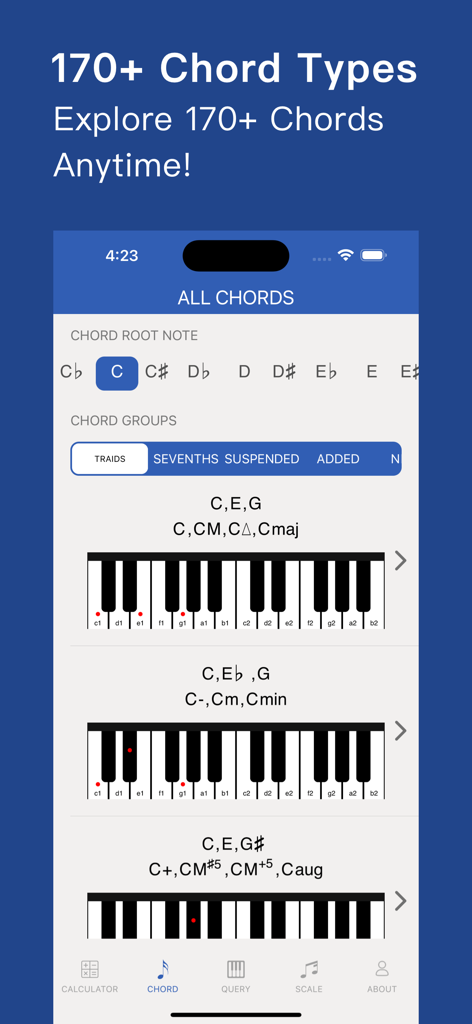 Interface do aplicativo Music Tutor mostrando uma biblioteca de mais de 170 tipos de acordes de piano com diagramas de teclado