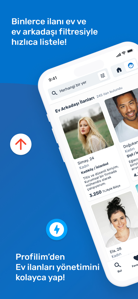 Roombadi - Find a Roommate! - Mobile app interface of Roombadi showing searchable roommate profiles and budget details
