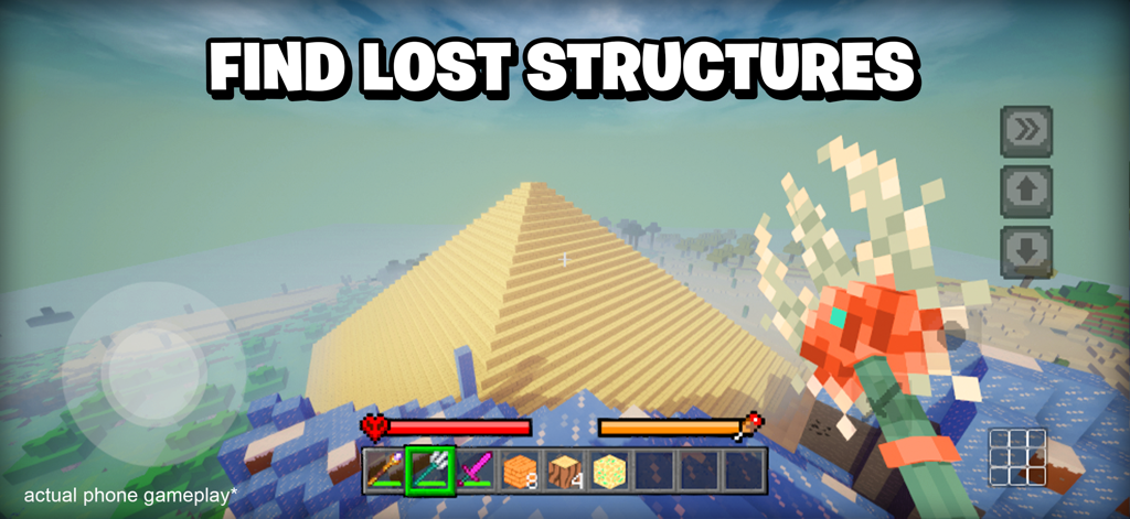Build World: Sandbox Survival - In-game screenshot of a character exploring a massive block-built pyramid in a 3D sandbox survival world