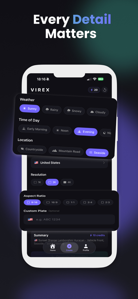 Interface of Virex AI Car Editor showing detailed customization settings for weather, time of day, and location for AI car photos.
