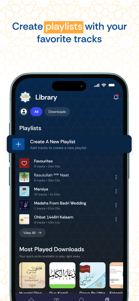 Sautuliman - صوت الايمان - Library view of the Sautuliman app showing options to create and manage custom religious audio playlists.