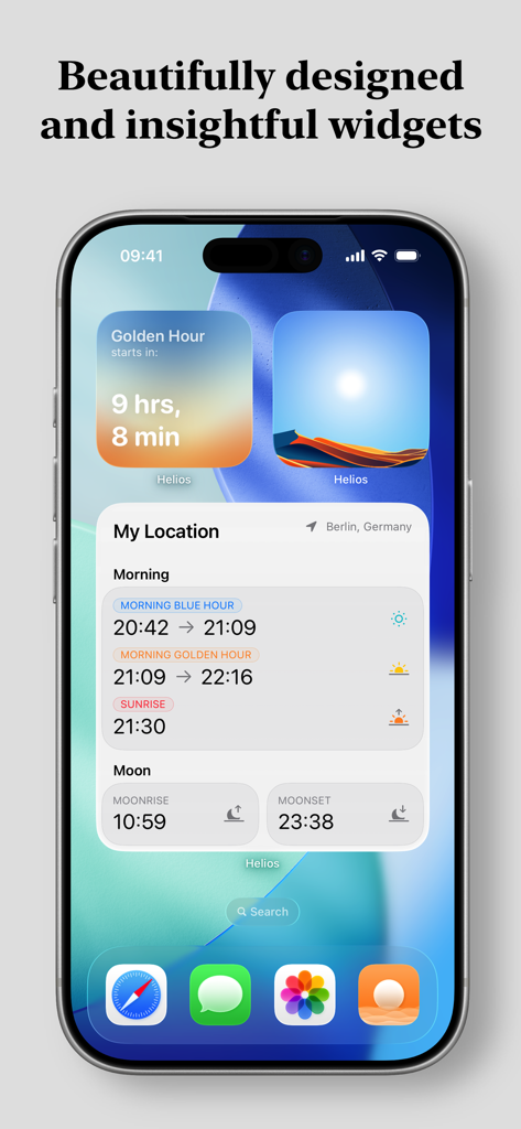 iPhone home screen showing several Helios app widgets with golden hour countdown and sunrise times