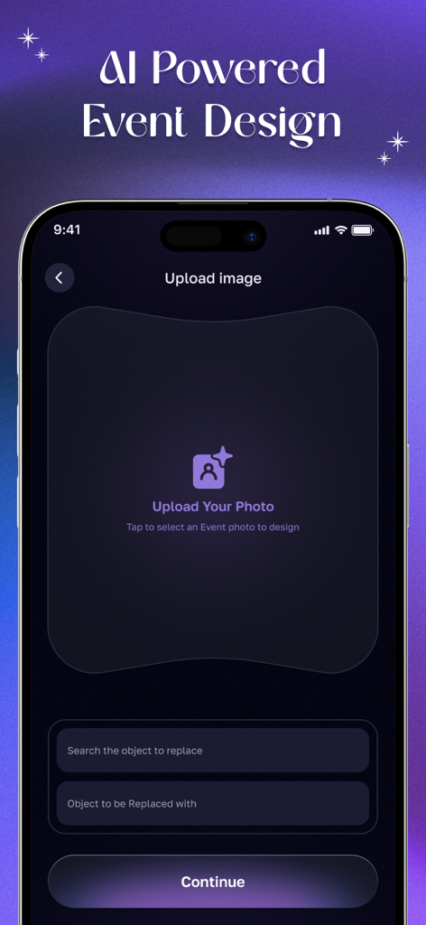 AI Event Designer: Venue Decor - Interface of the AI Event Designer app showing the upload photo screen to replace venue decor objects