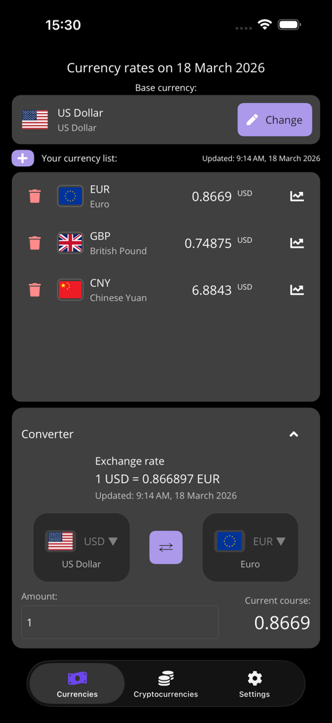 Coin & Currency Converter - Interface of the Coin and Currency Converter app showing exchange rates for USD, EUR, and GBP with a built-in calculator.