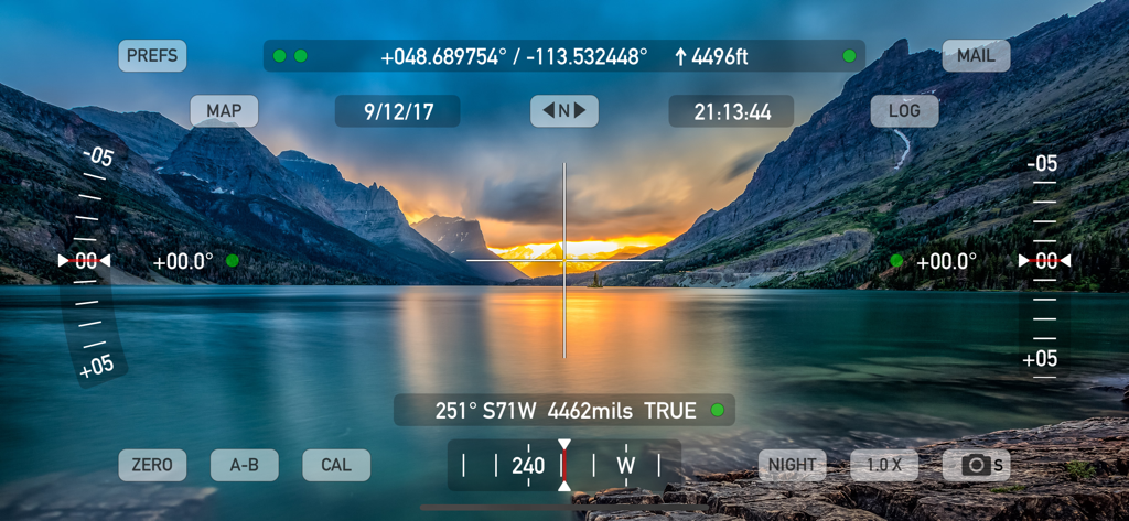 Theodolite - Theodolite app AR viewfinder displaying GPS coordinates and professional navigation data over a mountain lake.