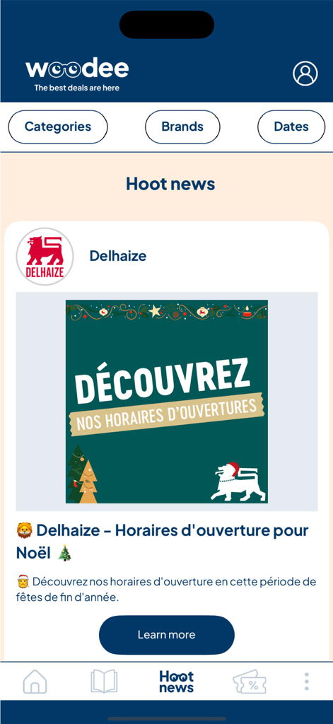 Woodee - Woodee mobile app interface showing the Hoot news section with Delhaize Christmas opening hours