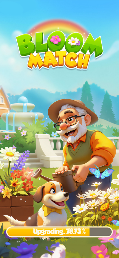 Bloom Match: Flower Blast - Bloom Match game loading screen with a friendly gardener and his dog in a vibrant garden