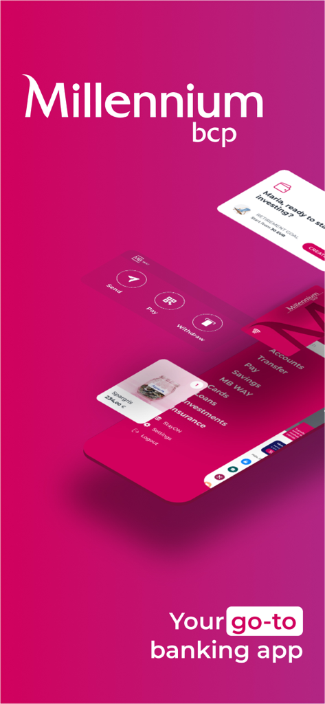 Millenniumbcp mobile banking app interface showing features for transfers savings and investments on a magenta background