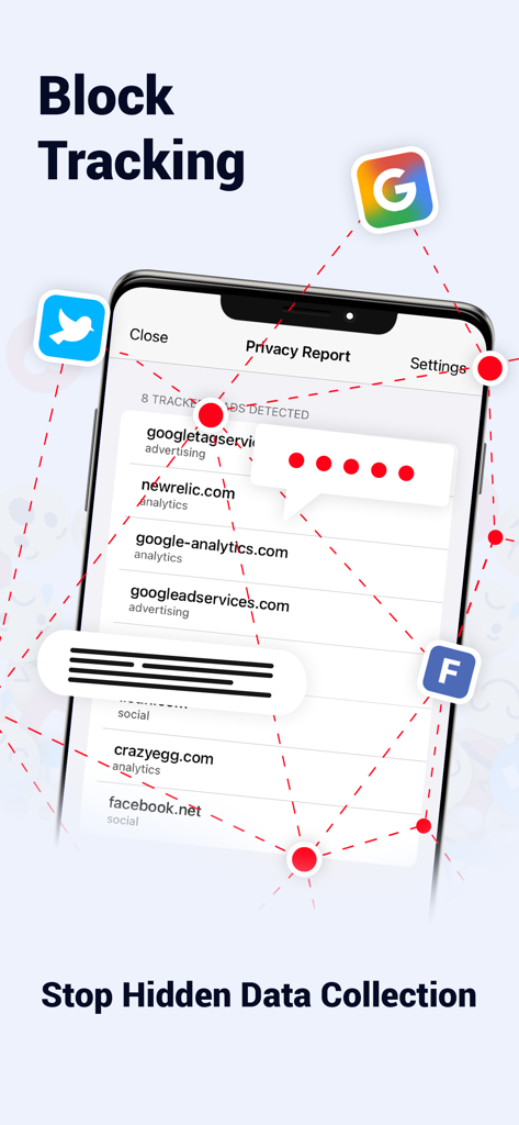 Buddy-App-Oberfläche, die einen Datenschutzbericht zeigt, der die verdeckte Datenerfassung und Tracker von Social-Media-Plattformen blockiert