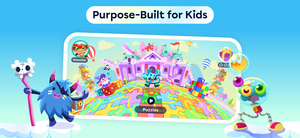 Bunte Benutzeroberfläche der Moshi Play App mit Charakteren und einem Rätselspielbildschirm mit dem Text Purpose-Built for Kids.